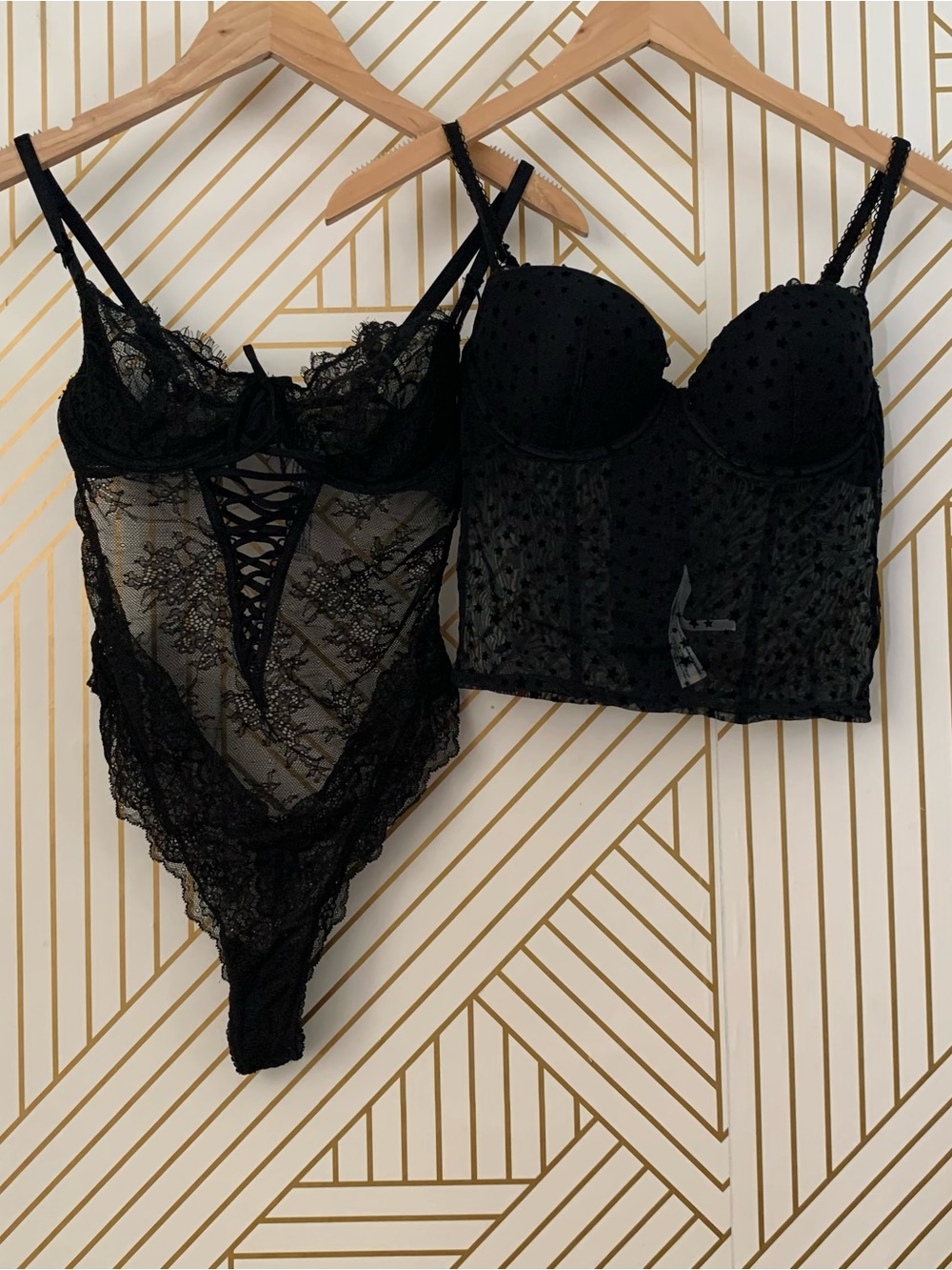 Victoria's Secret Lot Black Sheer lace up Teddy floral & Bra Top stars mesh M